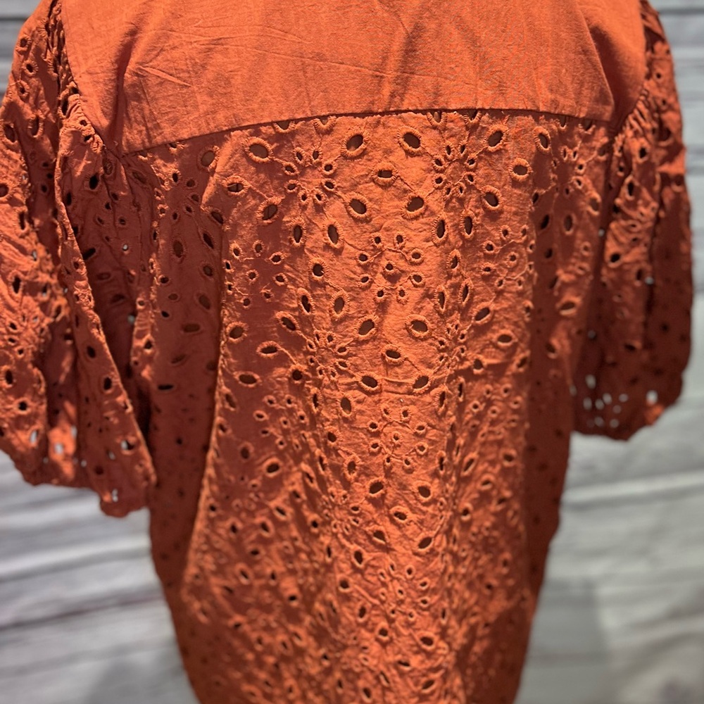 Women’s Eyelet Puff-Sleeve Blouse — Rust - Picture 6 of 10